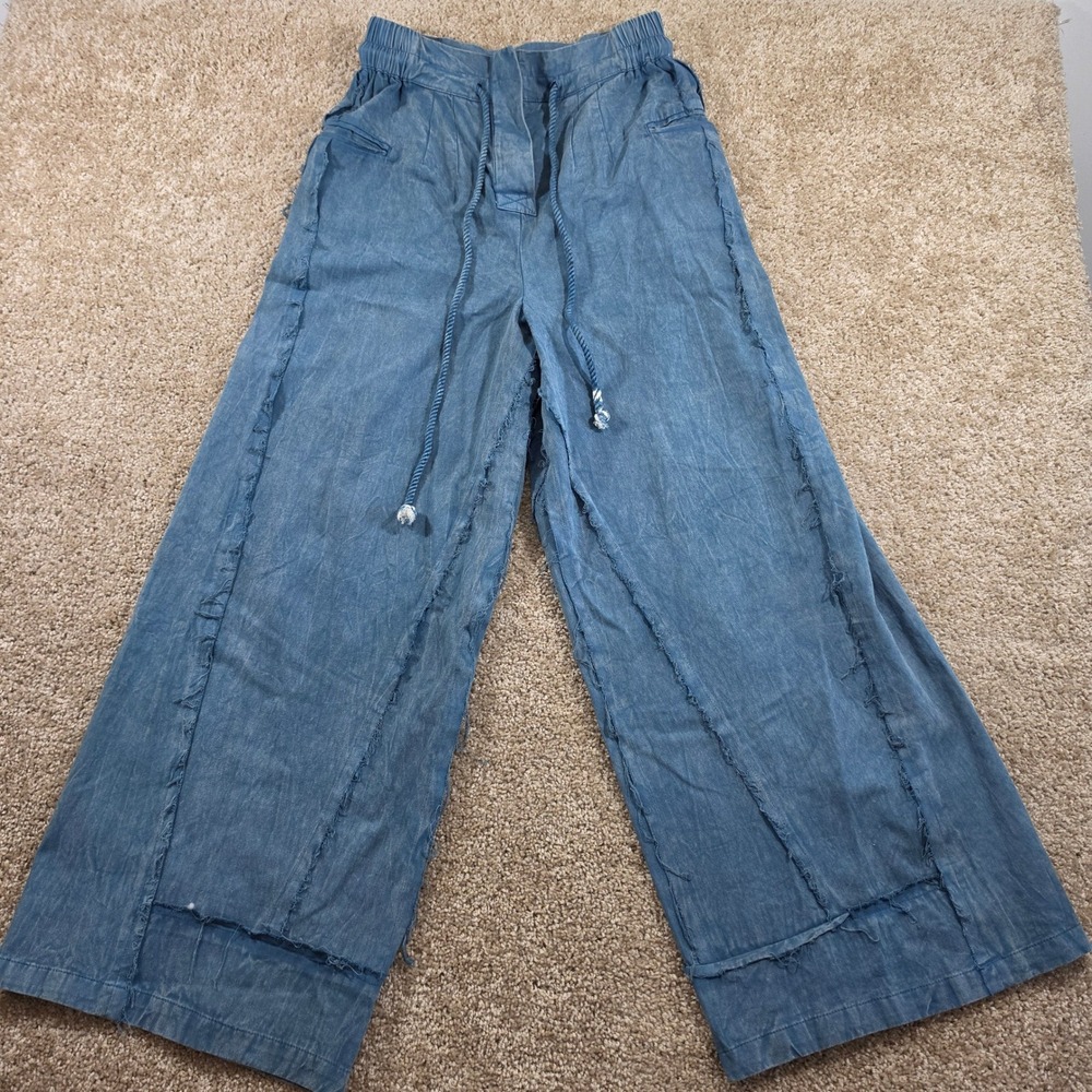 Earthbound Trading Co Pants Wide Leg Blue Raw Edge Boho Size M